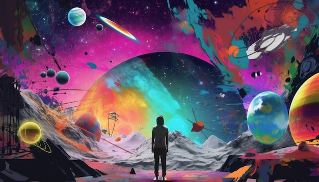 A man stands in front of a colorful galaxy and planets