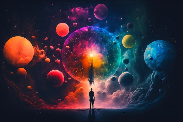 A man stands in front of a colorful galaxy and the universe