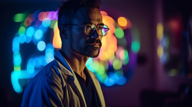 A man stands in front of a colorful light that is lit up.