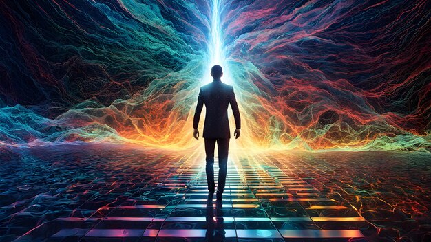 a man stands in front of a colorful wall of light