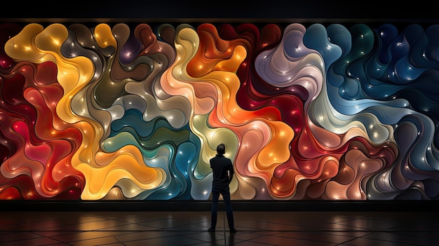 a man stands in front of a colorful wall of light.