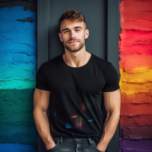 A man stands in front of a colorful wall that says'i love you '