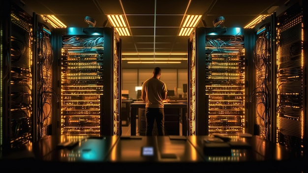 データという単語が書かれている青いライトがついたコンピュータールームの前に立っている男性