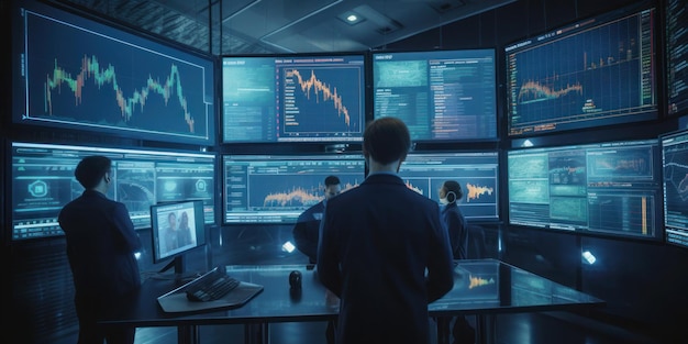 「取引中」と書かれたコンピューター画面の前に立っている男性。