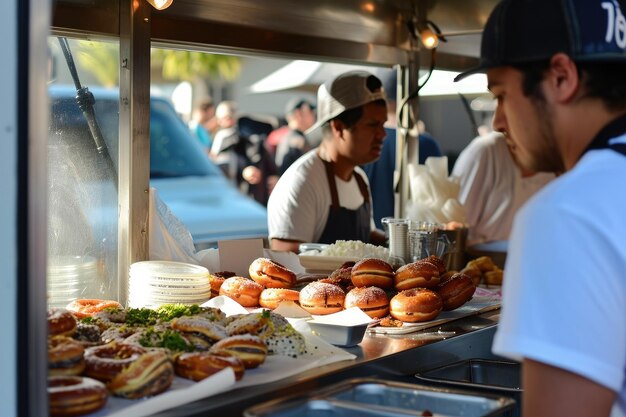 A man stands in front of a counter filled with a variety of delicious donuts Gourmet donut food truck at a hip urban food festival AI Generated