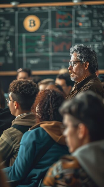 Photo a man stands in front of a crowd of people in front of a blackboard with a man in a suit looking at