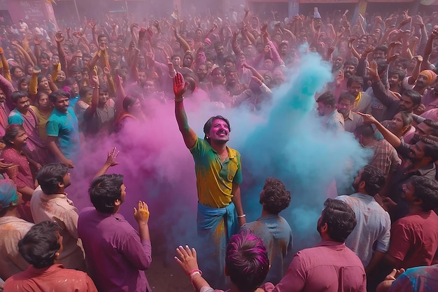 A man stands in front of a crowd of people with a holi powder in the air