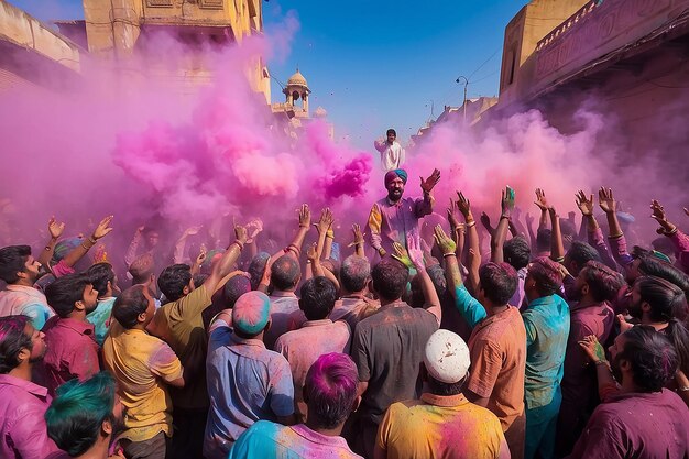 A man stands in front of a crowd of people with a holi powder in the air