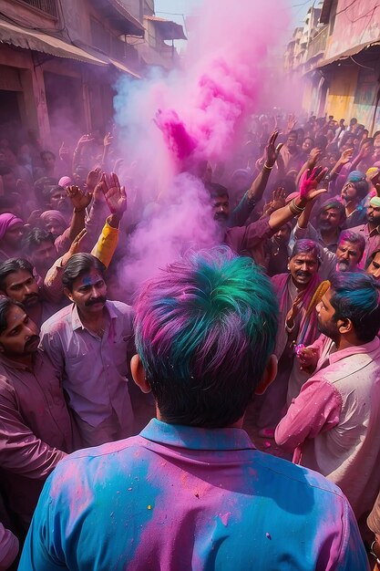 A man stands in front of a crowd of people with a holi powder in the air