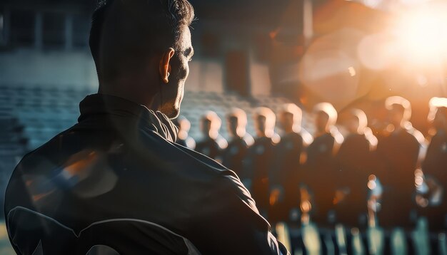 A man stands in front of a crowd of people