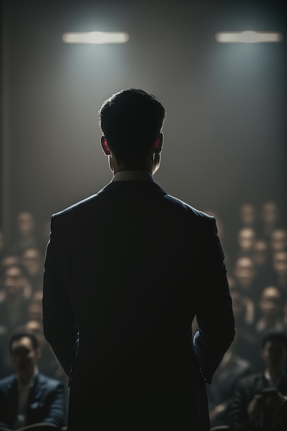 A man stands in front of a crowd and speaks into a microphone.