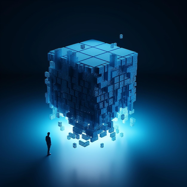 Photo a man stands in front of a cube blockchain