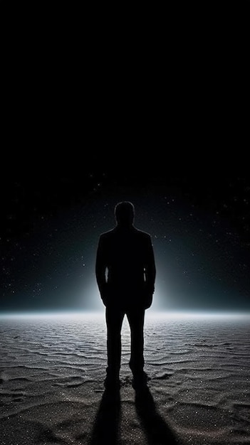 A man stands in front of a dark sky