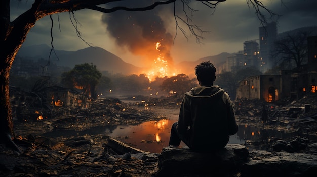 Мужчина стоит перед разрушенным зданием