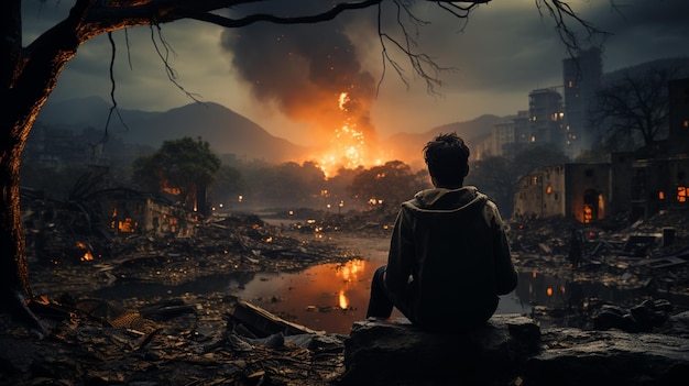 A man stands in front of a destroyed building