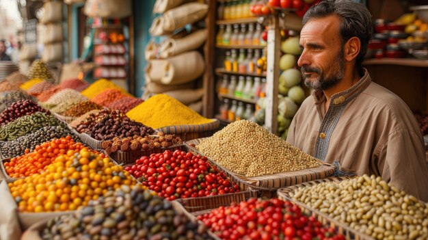 Photo a man stands in front of a display of spices and nuts