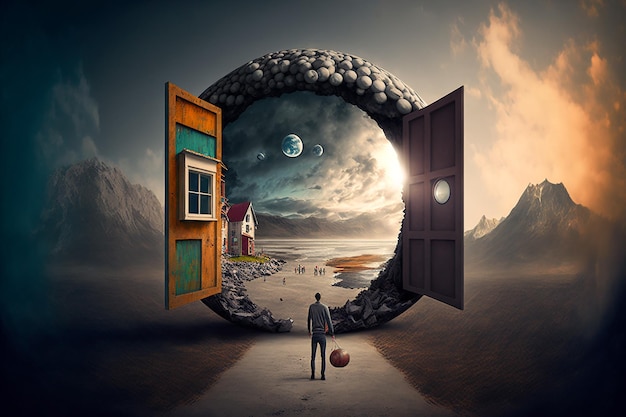 A man stands in front of a door that has a moon on it.