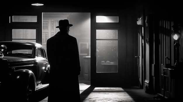 A man stands in front of a door with a car in the background.