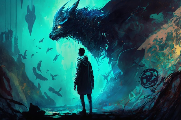 A man stands in front of a dragon with the words'the dark knight'on the cover.