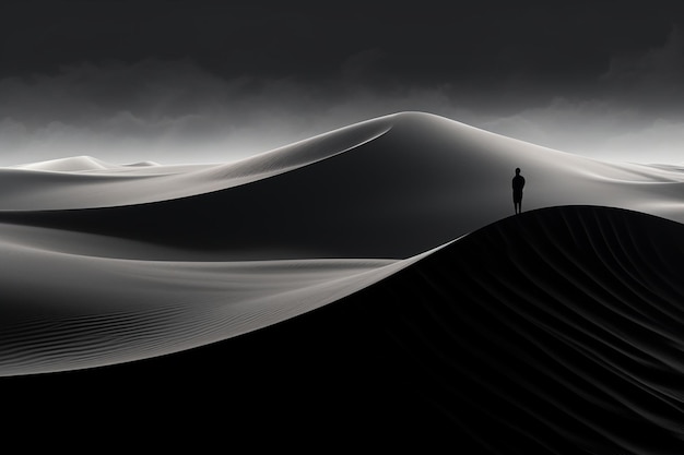 A man stands in front of a dune with a sky background