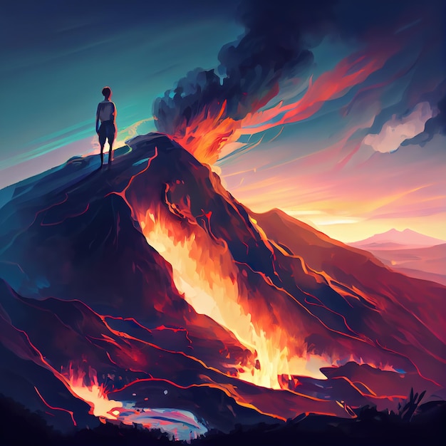 A man stands in front of an exploding volcano