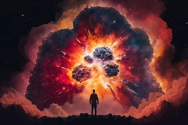 A man stands in front of a explosion that says'the end of the universe '