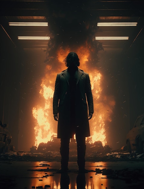 A man stands in front of a fire
