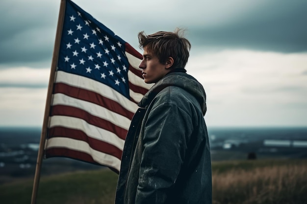 A man stands in front of a flag that says'the american flag '
