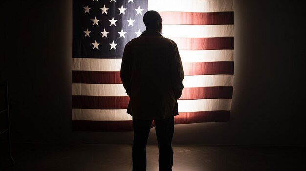 A man stands in front of a flag that says'u. s. army '