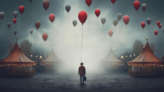 A man stands in front of a foggy sky with balloons floating above him.