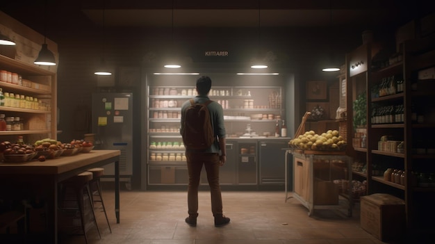 '오렌지'라고 적힌 냉장고 앞에 서 있는 남자