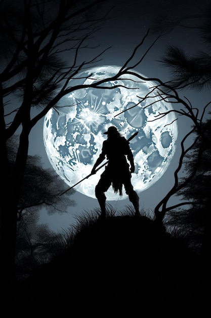 A man stands in front of a full moon.