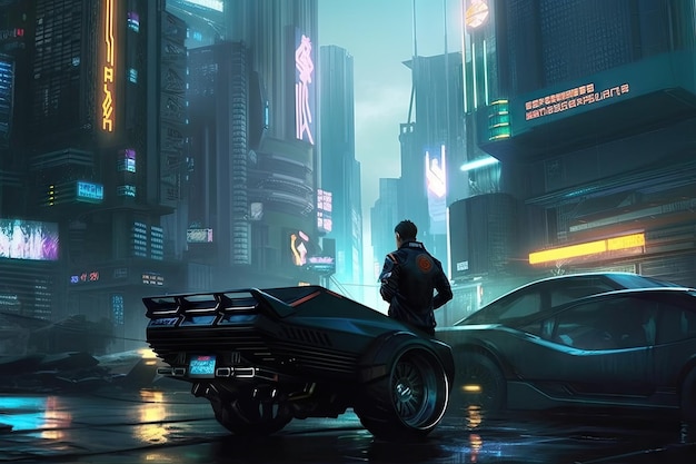 A man stands in front of a futuristic city with a batmobile and a car in the foreground.