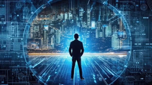 A man stands in front of a futuristic city.