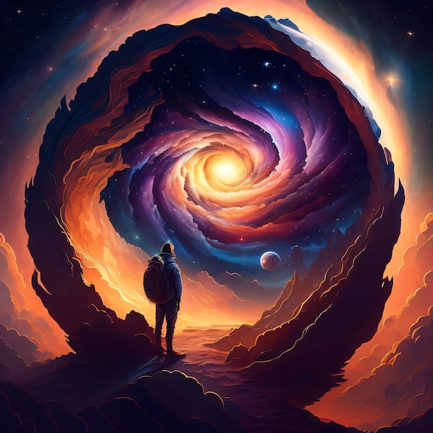 A man stands in front of a galaxy that has a purple and blue swirl.