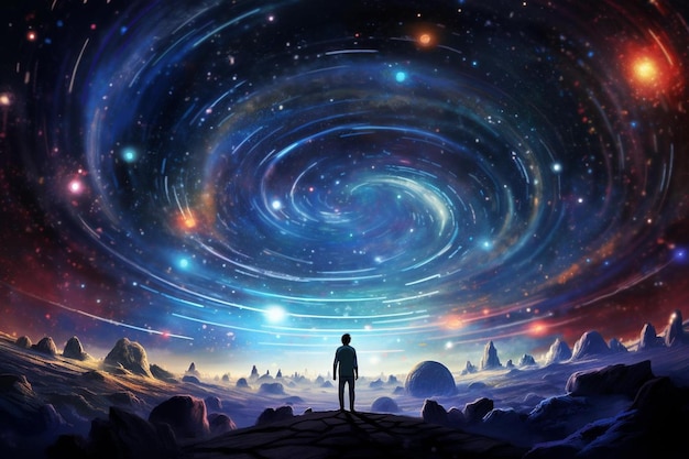 a man stands in front of a galaxy that is surrounded by stars.
