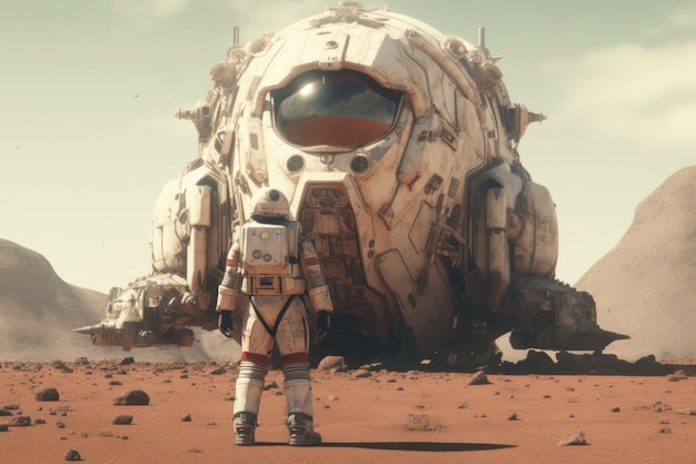 A man stands in front of a giant alien ship.