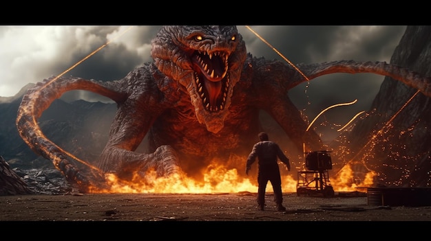 A man stands in front of a giant dragon with a fire in the background.