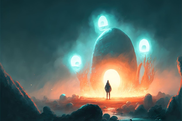A man stands in front of a giant glowing egg