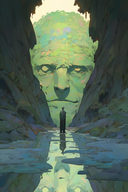 A man stands in front of a giant monster's face.