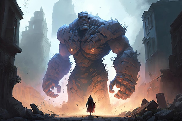 A man stands in front of a giant monster