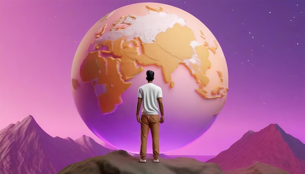 A man stands in front of a giant planet that has a pink and purple background