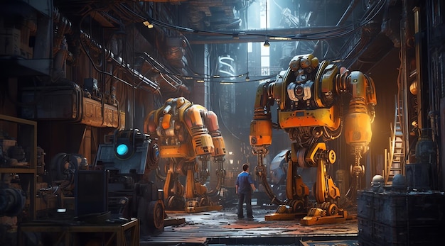 A man stands in front of a giant robot in a dark room.