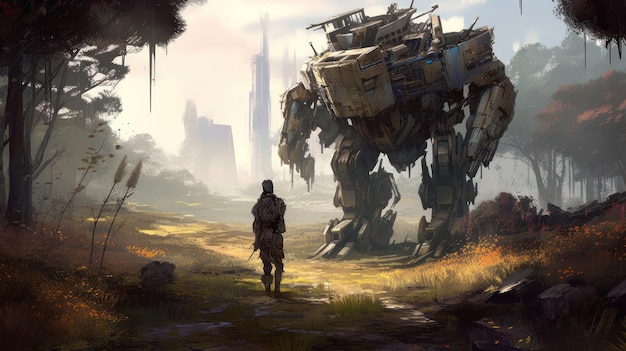 A man stands in front of a giant robot.