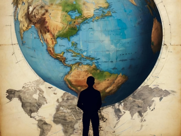 Foto un uomo in piedi davanti a un globo che ha la mappa del mondo su di esso