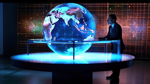 A man stands in front of a globe with the world on it.