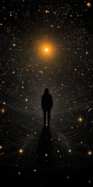 Foto un uomo in piedi di fronte a una stella luminosa