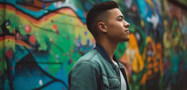 A man stands in front of a graffiti wall