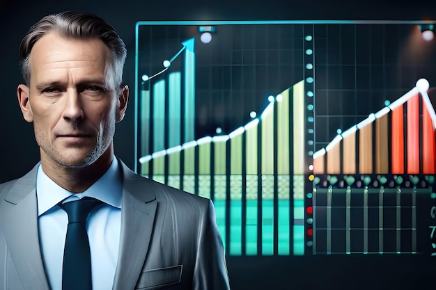 A man stands in front of a graph that says'business '