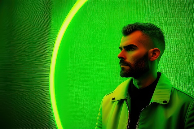 A man stands in front of a green neon light.